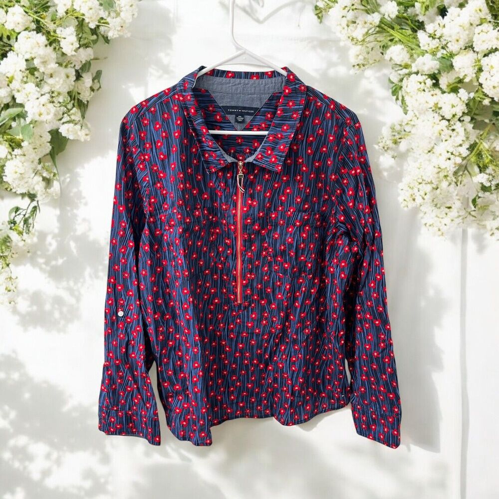 Tommy Hilfiger‎ Women’s LSleeve Blue Floral 1/2 Zip Cotton Shirt/Jacket Size XXL